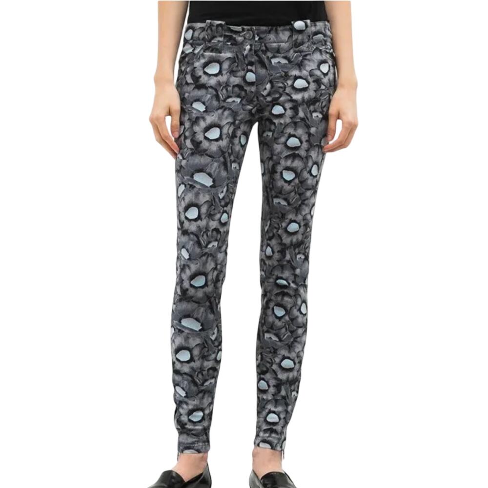 Kenzo Gray Black Blue Iridescent Floral Zip Ankle Stretch Skinny Jeans Sz 38 / 8